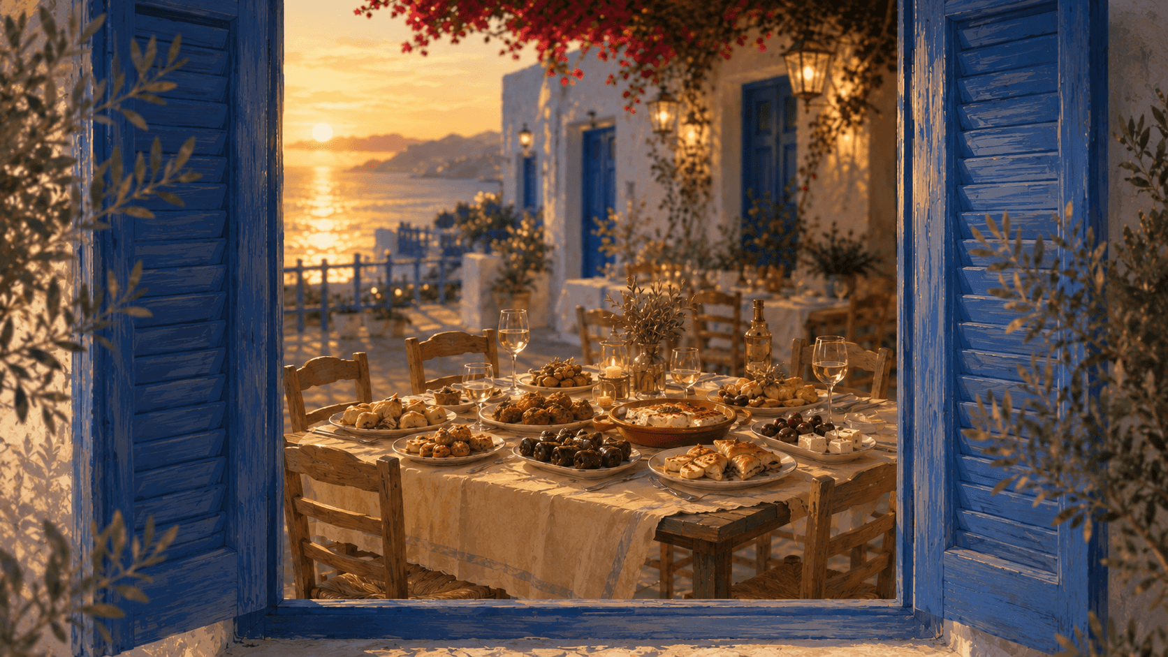 Tavolo di antipasti greci visto da una finestra con persiane blu, al tramonto su Santorini.