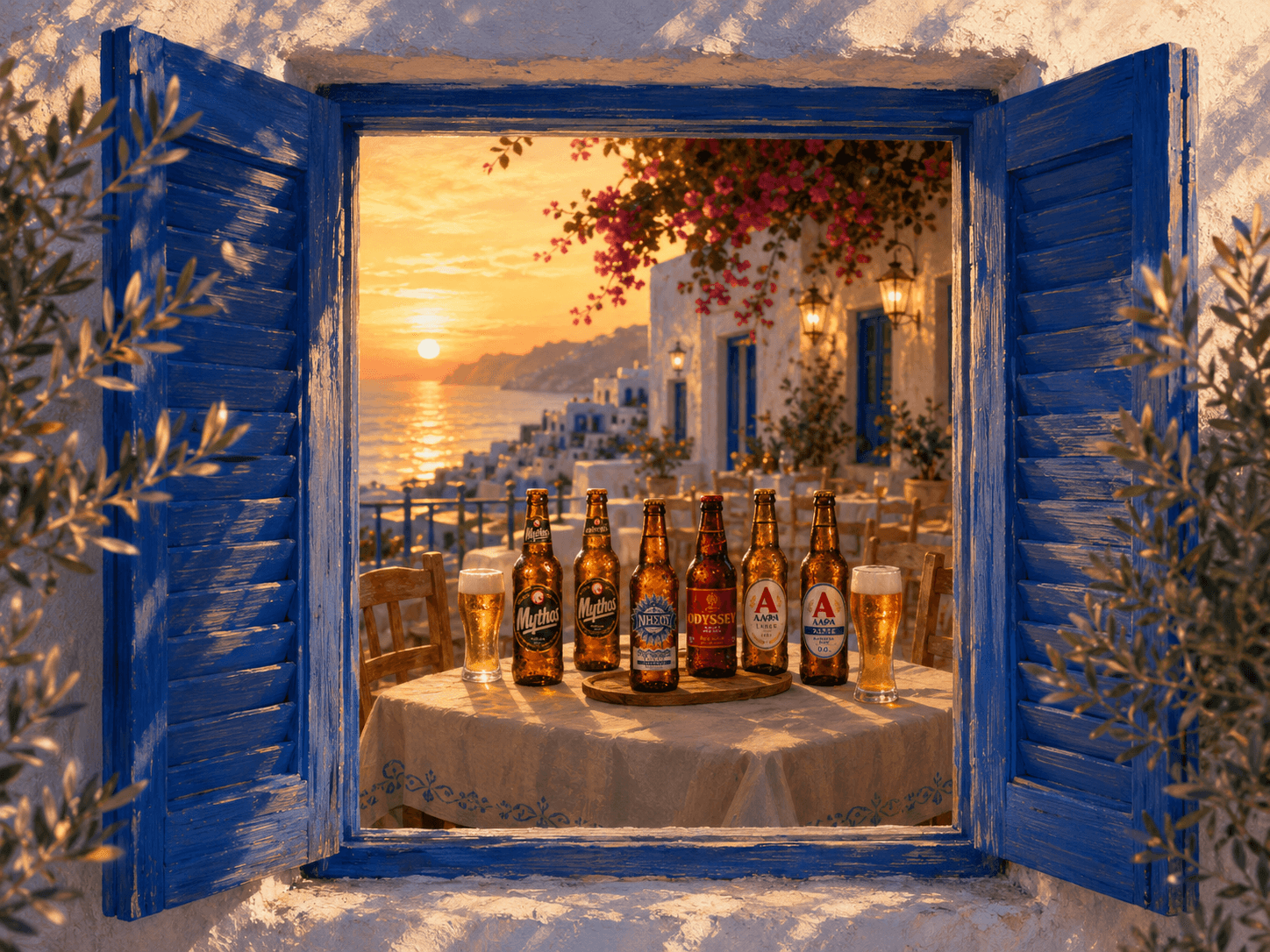Birre greche Mythos, Nissos, Odyssey e Alpha su un tavolo, viste da una finestra con persiane blu al tramonto.