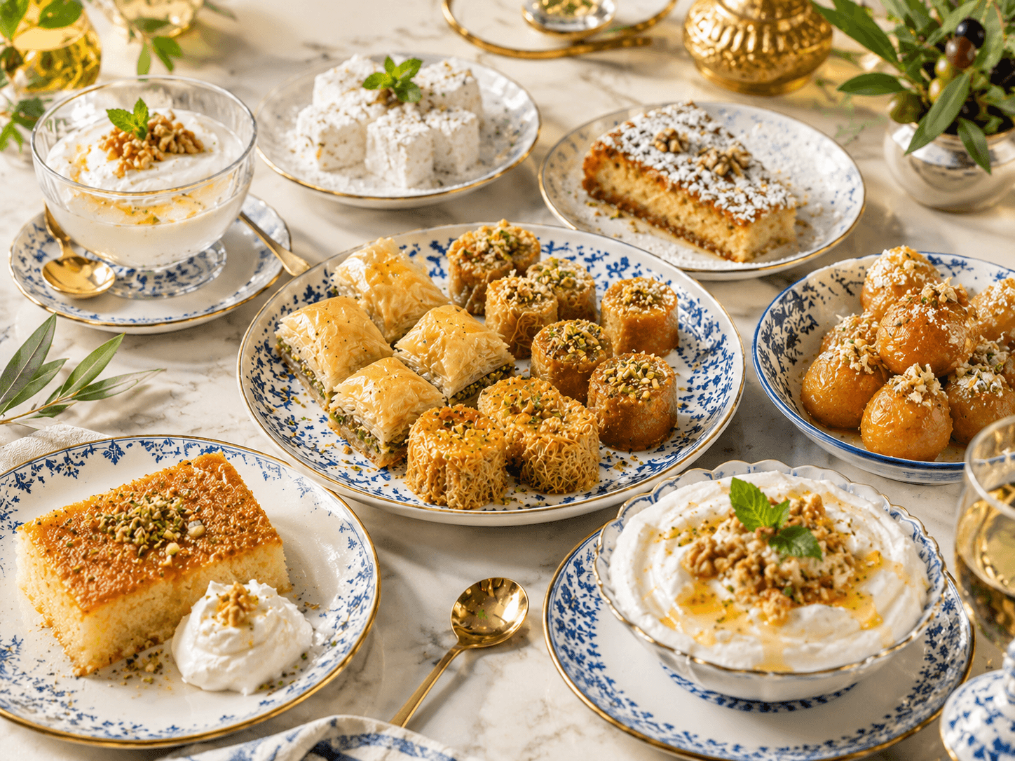 Selezione di dolci greci al miele e frutta secca su un tavolo in marmo.