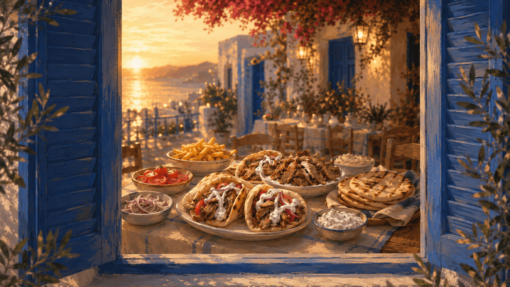 Tavolo con specialità a base di gyros, visto da una finestra con persiane blu al tramonto.
