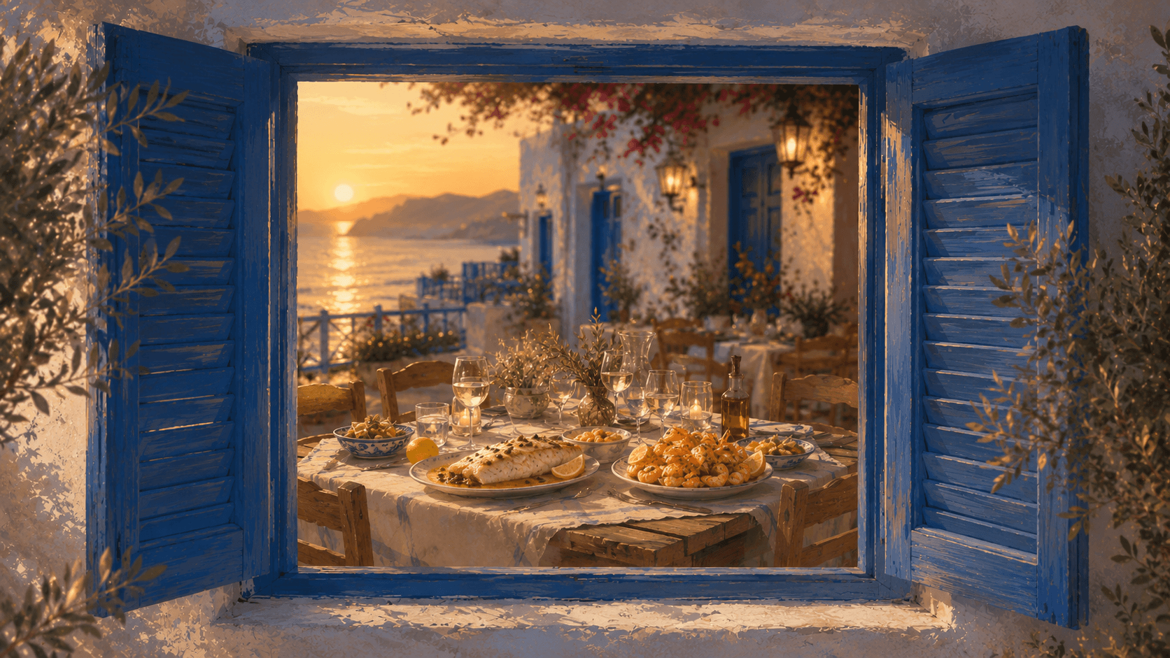 Tavolo con piatti di pesce e gamberi, visto da una finestra con persiane blu al tramonto.