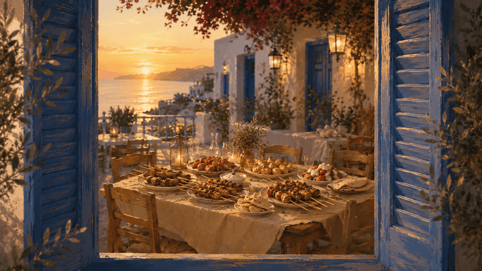 Tavolo con spiedini souvlaki e contorni, visto da una finestra con persiane blu al tramonto.