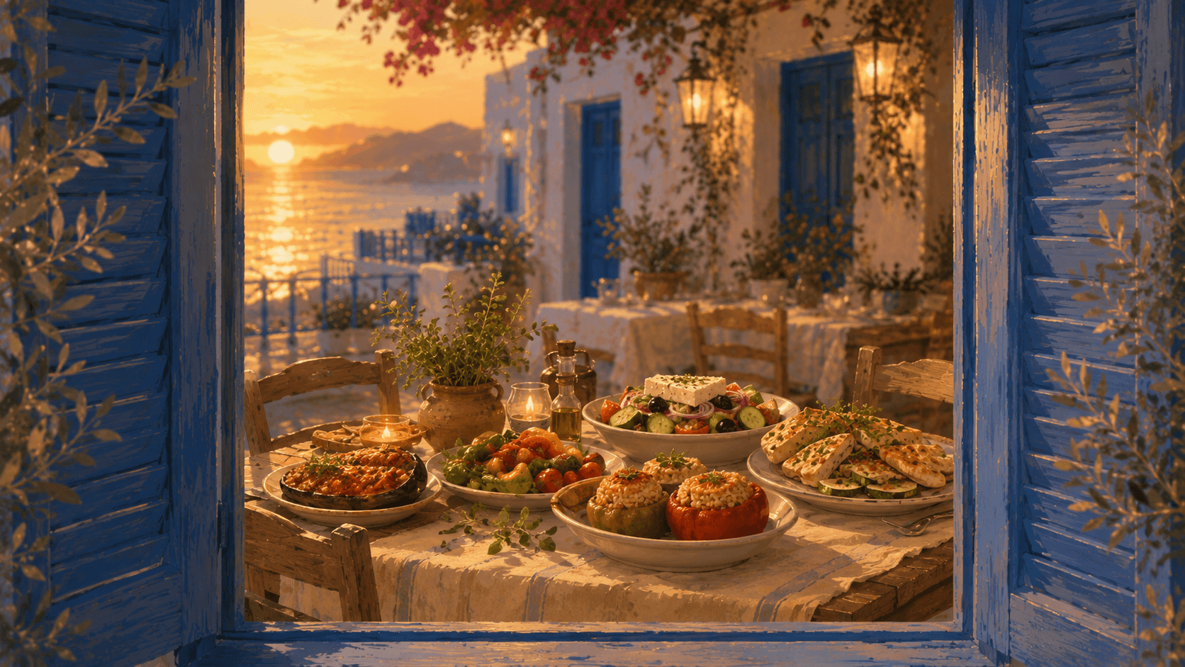 Tavolo con piatti vegetariani greci, visto da una finestra con persiane blu al tramonto.