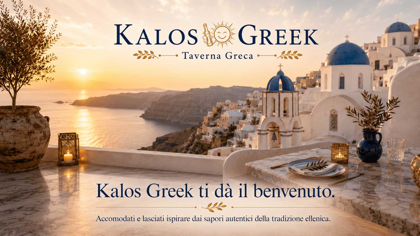Tramonto su Santorini visto da una terrazza Kalos Greek, logo Kalos Greek Taverna Greca.