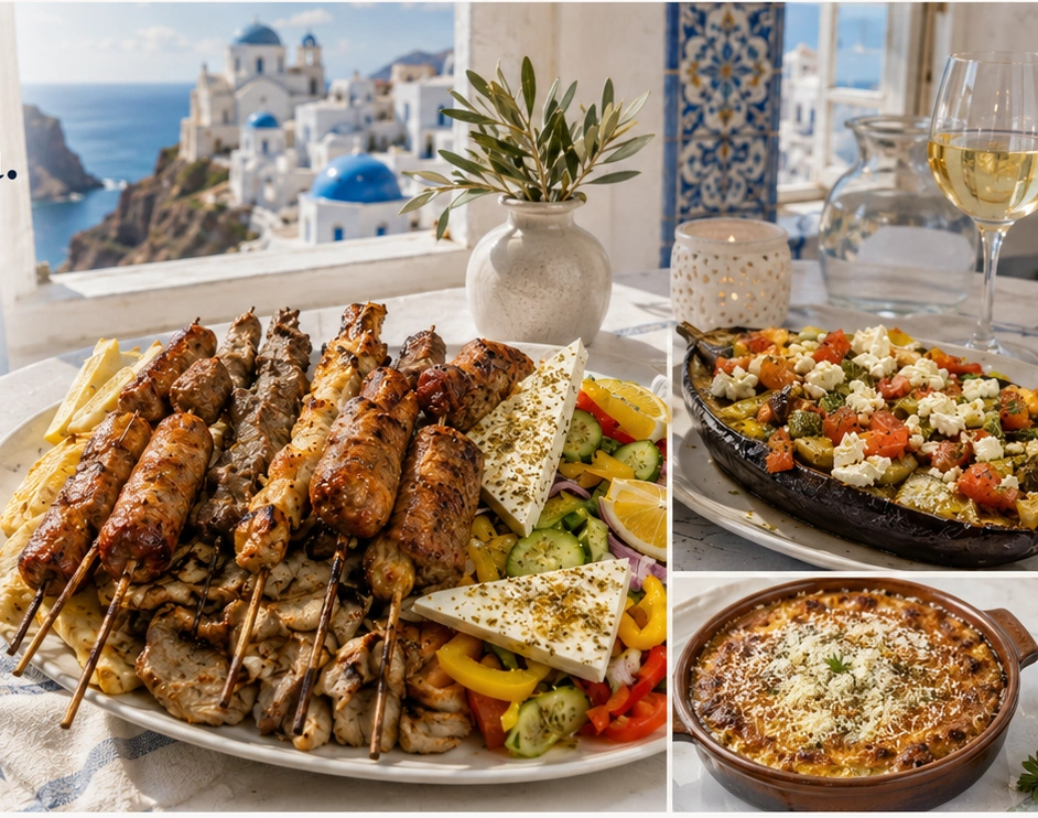 Tavola con specialità greche e vista su Santorini